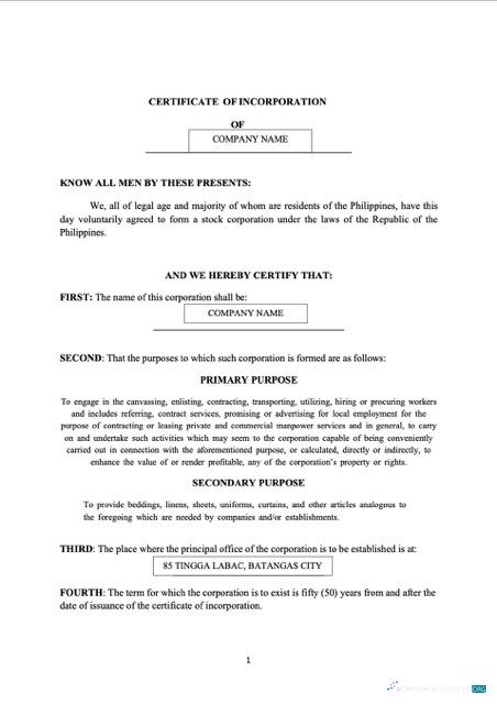 Philippines Batangas certificate of incorporation Word and PDF template